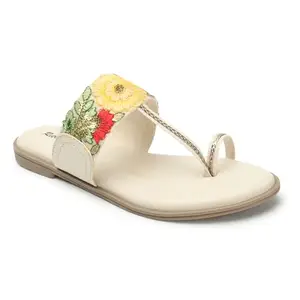 Retro Walk Embellished Open Toe Flats(6128_Cream)