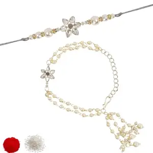 I Jewels Kundan & Pearl Bhaiya Bhabhi Lumba Rakhi Bracelet Combo Set With Roli Chawal & Rakshabandhan Greeting Card For Unisex Adult(R145-CO) (Grey)