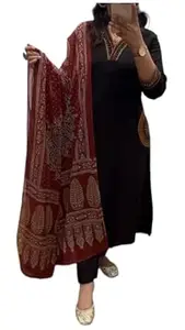 ANNI Designer Women's Rayon Viscose Straight Embroidered Kurta with Pant and Dupatta | V-Neck Kurti Set | 3/4 Length Regular Sleeves | Soft Comfortable Fabric | 3 Piece Outfit