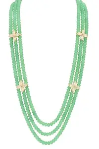 Triple-Strand Mint Green Beaded Necklace with Gold-Tone Floral Crystal Accents