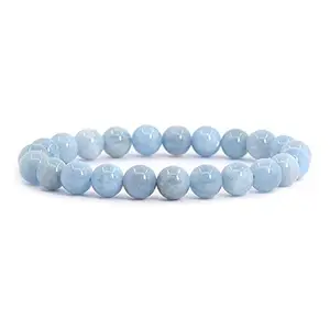 LKBEADS Natural Aquamarine 8mm Round Shape Smooth Cut Beads 7 inch Stretchable Bracelet for Men & Women.|STBR_RR_00894_7.0