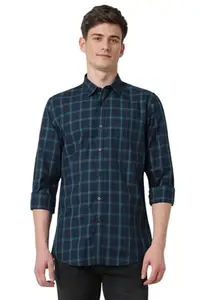 Peter England Men's Checkered Slim Fit Shirt (PCSFSSLP011580_Navy