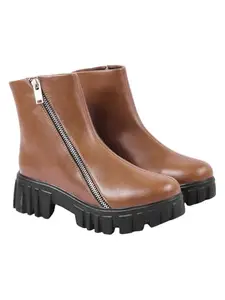 Shoetopia Women's Tan Ankle Boots with Side Zipper & Chunky Platform Sole – Stylish Casual & Outdoor Comfortable Footwear EU37