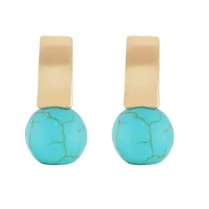 One Stop Fashion Turquoise and Gold Colour Round Shape Ear Studs for Girls and Womens