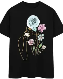 Floral Art Print T-Shirt, Black, Oversized Fit, Short Sleeve, Casual Graphic Design