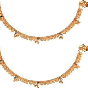 WomenSky Gold Plated & Brass Thin Size Anklets Payal Ghungroo for Women & Girls