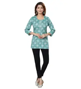 Women's Casual 3/4 Sleeves Printed Rayon Short Top (Blue, L)-PID47624