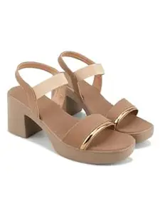 SELFIEE Women’s Stylish Comfortable Elastic Back-Strap with Gold Piping Block Heel Sandals