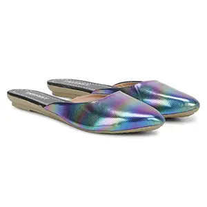 TRY FEET Patent Leather Printed Flat Mules for Girls and Women for Casual Wear Formal Semi Formal Occasional Navy Blue