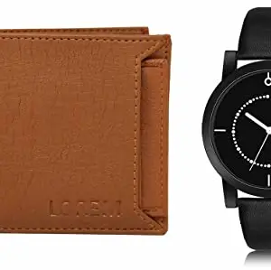 LOREM Tan Color Faux Leather Wallet & Black Analog Watch Combo for Men | WL03-LR49