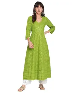 Women's Casual 3/4th Sleeve Chikan Embroidery Cotton Kurti (Green, M)-PID48464