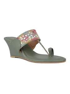 Inc.5 Womens Green Ethnic Embellished Round Toe Heels