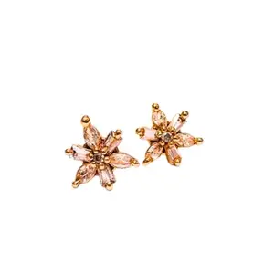 Crystal Flower Stud Earrings, Golden-Plated, Pink Gemstones, Floral Design