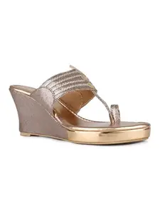 Inc.5 Women Rose Gold Ethnic Embellished Round Toe Wedges Sandals