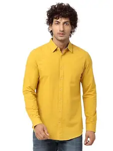 BLUE BUDDHA Men's Cotton Regular Slim Fit Shirts - Spread Collar & Full Sleeves - Stylish Comfort for Everyday Wear Mustard