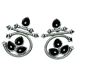 Generic Traditional Drop Earrings, Black Stone Oxidized Metal, Small Size Tribal Style, Push Back Closure, 2 Pairs, Women