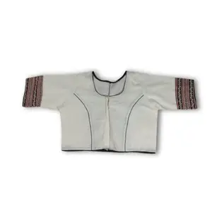 Shyam Sundar Handicrafts Traditional Cotton Blouse with Ethnic Trim, Short Sleeves (White, 34)