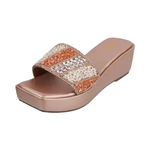 Touch Heel Women's Embellished Wedge Slide Sandals, Elegant Beaded Open Toe Slip-On, Comfortable Platform Shoes, Perfect for Casual or Dressy Outfits (Peach,7UK)