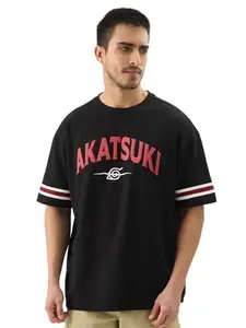 The Souled Store Official Naruto: Akatsuki Short Sleeve Round Neck Black Puff Printed Cotton Oversized T-Shirts for Men & Boys