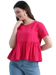 Women's Regular Fit V-Neck Solid Cuffed Long Sleeves Opaque Top (f730-pink-m-bzr)