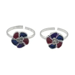 Sahiba Gems Pure Silver (Chandi) Antique Round Designer Multi Color Cz Toe Rings/Bichiya For Women ~ Pack in 2 Pieces Set