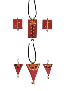 Moon Handicraft|Red Flower and Pink Triangle Jewellery Set|Earrings and Necklace Set|Fashion Stylish Jewellery|Free Earrings|Handmade|Pack of 2