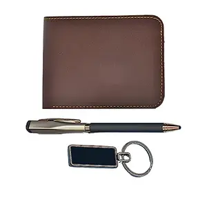 YOUR GIFT STUDIO Men's Leather Wallet, Metal Keychain and Pen | Gift Combo for Men's & Boys (Brown)