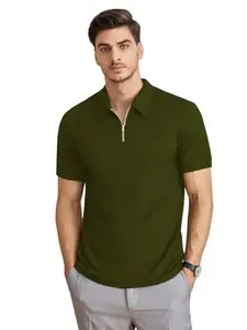 madfrog Men Zip Polo Neck Mario Knit Polyester Blend Half Sleeve Regular Comfort Fit T-Shirt for Men Olive