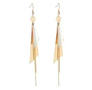 Nilu's Collection Gold Plated Geometric Triangle Long Tassel Drop Earrings for Women and Girls, Copper Triangular Drop Golden Danglers with Metal Chain