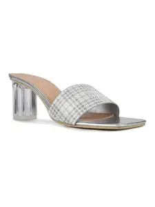 Inc.5 Women Silver Party Wear Checkered Square Toe Block Heel Sandals