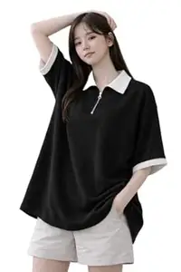 Dagcros Women's Oversized Polo Collar T-Shirt, Contrast Trim, Half Zip Front, Short Sleeve Tshirt for Women