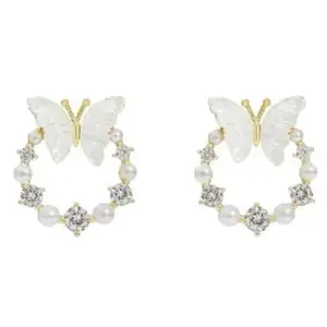 LifeLily Set of 1 Gold Plated Butterfly Pearl Stud Earrings for Women and Girls