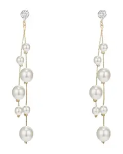 Elegant Pearl Drop Earrings with Crystal Studded Gold-Tone Bar, White Pearl Dangle Earrings