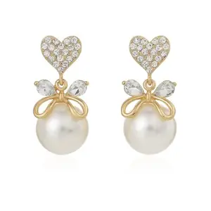 IStyleRight Luxe Love Drops Earrings, Gold Tone Heart Crystal Stud with Pearl Dangle, Elegant Bow Design