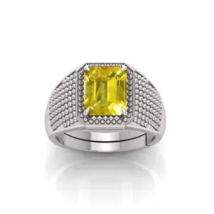 RRVGEM 13.25 Ratti 13.00 Carat Yellow Sapphire Pukhraj Gemstone Silver Plated Ring Adjustable Ring Size 16-22 for Men and Women