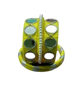 Traditional Yellow Cotton Thread Bangles Set with Mirror Work, Pearl Embellishments, Garba Special (2.6)