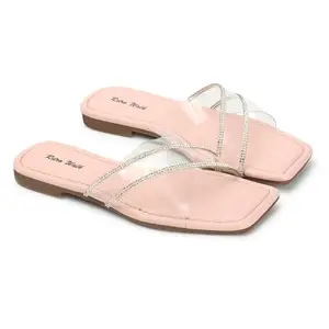 Retro Walk Embellished Open Toe Flats(6122_Pink)