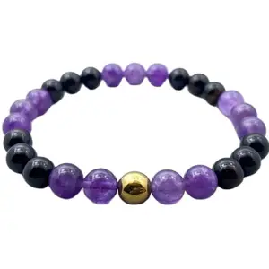 RRJEWELZ Natural Amethyst, Hematite & Onyx 8mm Round Shape Smooth Cut Beads 6.5 Inch Stretchable Bracelet For Men & Women. Unisex Bracelet For Healing, Meditation, Prosperity, Gift & Luck|STBR_RR_10604_6.5
