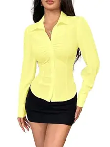 MULVARI Solid Front Stylish Gathered Detail Full Sleeves Casual Shirt for Women' & Girl's