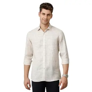 Linen Club Men's Pure Linen Beige Checked Regular Fit Full Sleeve Casual Shirt(Size:-39)-LCSFCK0212674