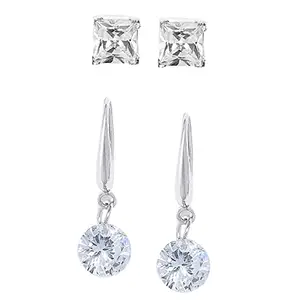 Fabula by OOMPH Jewellery Combo of 2 Delicate Silver Tone Square & Round Cubic Zirconia Ear Stud & Drop Earrings for Women & Girls