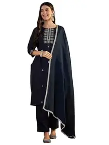 Kaari Women's Embroidered Kurti Set with Dupatta - Straight Fit | Silk Blend with Embroidery | Round Neck with 3/4th Sleeves | Everyday and Festive Kurti Set for Women