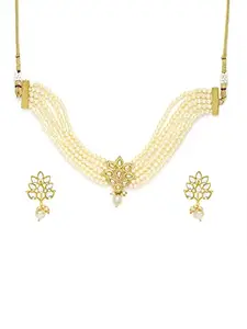 OOMPH Jewellery Gold Tone Kundan & Pearls MultiLayer Ethnic Choker Necklace Set with Earrings For Women & Girls Stylish Latest (NEGK15_Z)- For Women & Girls Stylish Latest