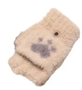 Cute Paw Fuzzy Warm Wool Convertible Fingerless Gloves cum Mittens Winter Wrist Arm Warmer Mitts Gloves for Girls & Women