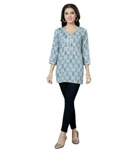 Women's Casual 3/4 Sleeves Printed Rayon Short Top (Blue, 2XL)-PID47627