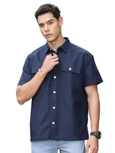 Thomas Scott Solid Double Pocket Boxy Fit Casual Shirts for Mens NavyBlue