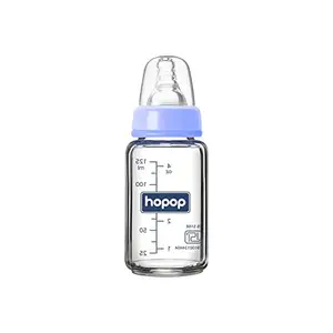 Hopop Slim Glass Feeding Bottle |Borosilicate Glass Anti Colic Nipple |BPA Free | Easy to Hold Baby Glass Feeding Bottle for 0m+ Newborn Babies/Infants/Toddler | (Light Blue, 125 ml)