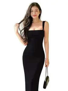 Aahwan Solid Bodycon Square Neck Long Party Dress for Women's & Girl's