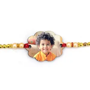 AJANTA ROYAL Personalized Wooden Photo Rakhi with Beads and Pearls, Scalloped Design, Traditional Red Thread RK-07 (1-Rakhi)