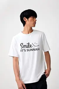 AL-Qudsiyah Fashion Men's Round Neck 100% Cotton Half Sleeved T-Shirt with Printed Graphics Cotton Round Neck Smile I'ts SUNNAH - Casual Wear for Men (in, Alpha, L, Regular, White)